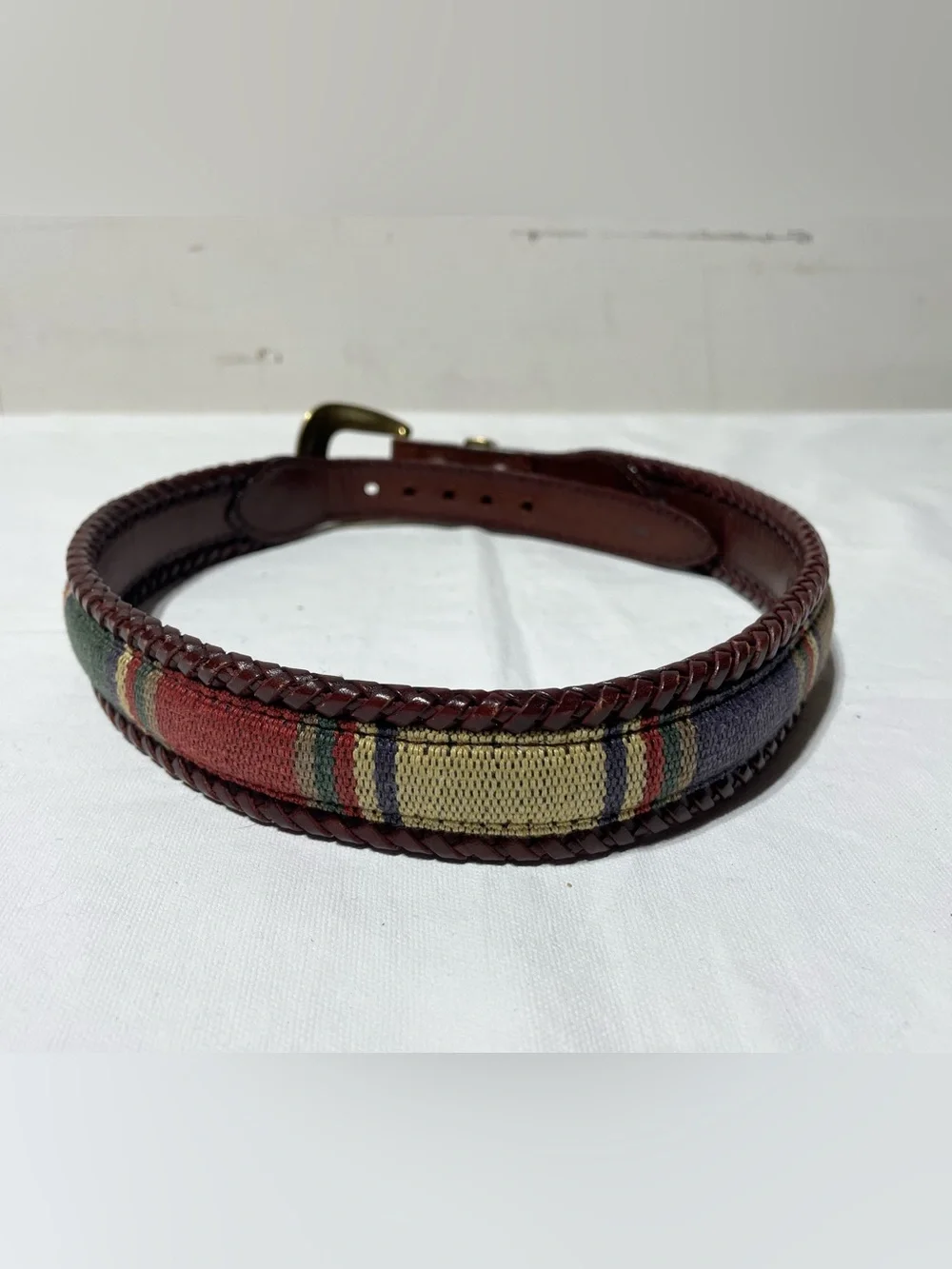 Vintage L.L. Bean Leather & Canvas Belt Womens 26 Brown Colorblock OR913